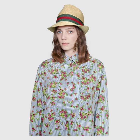 NWT 100% Authentic Gucci Beige Web Sherry Line Straw Hat Size XS main image 6